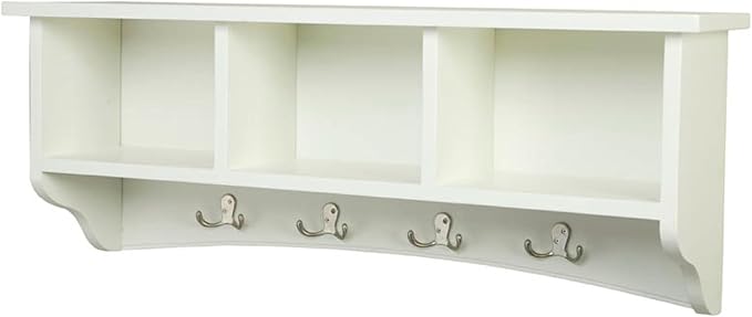 Shaker Cottage 36-Inch Wall-Mounted Coat Rack with 3 Open Shelves – Transitional Entryway Organizer, Mudroom Storage Shelf with 4 Hooks – Space-Saving Wall Storage by Alaterre Furniture (Ivory)