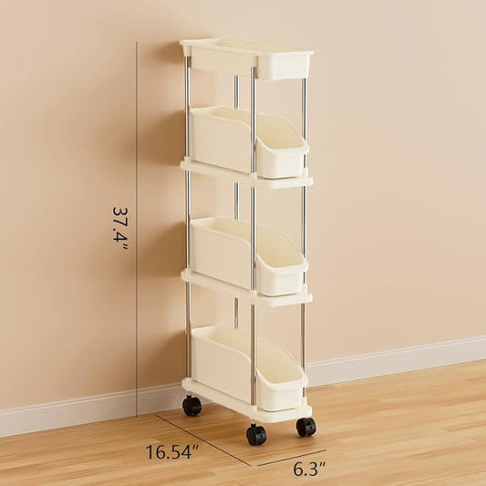 Slim Storage Cart 4 Tier Slim Rolling Utility Cart with Pull-Out Baskets & Wheels for Narrow Space in Kitchen Dining Room Bathroom Laundry Room Cream White (Width 6.3 Inches)