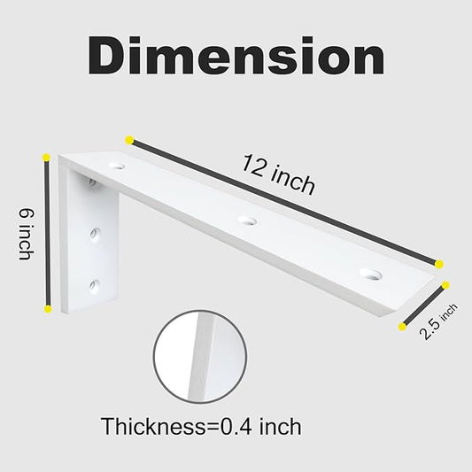 WINKER Countertop Support Bracket 2 Pack Heavy Duty 3/8" Thick Hidden L Shelf Bracket 12" x 6" x 2.5" Metal Corbels for Quartz/Granite/Wood/Concrete/Laminate Countertops, White