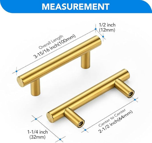 Brushed Brass Cabinet Handles 2-1/2 Inch Hole Spacing Stainless Steel Drawer Pulls for Cabinets, Dresser, Bathroom 20 Pack
