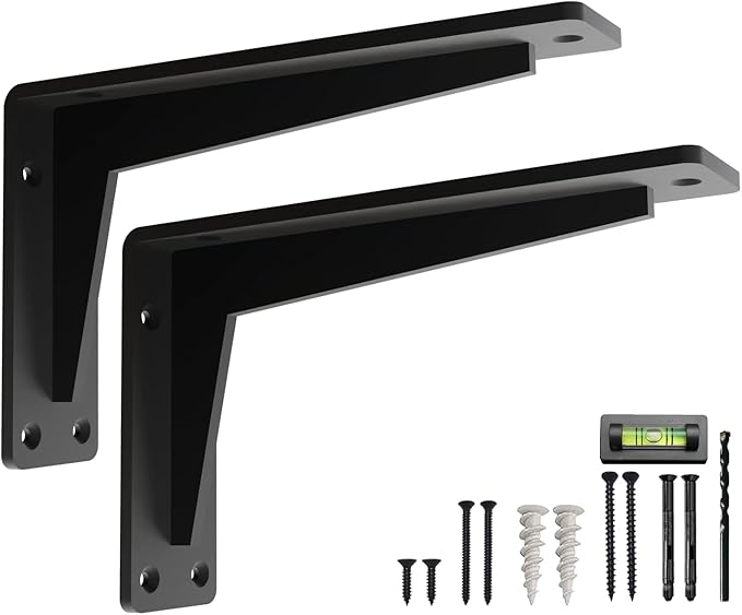 2 Pack Heavy Duty Shelf Brackets 10 Inch Mantel Decorative L Bracket for Shelves, Metal Shelf Support Bracket, Wall Mounted Granite Countertop Iron Corbels, Floating Black Shelving Brackets