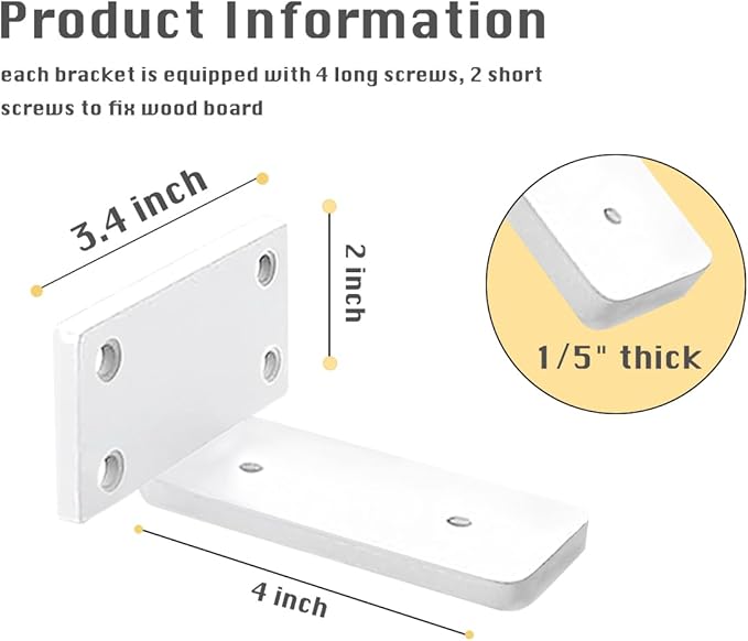 4 Pack Shelf Brackets White 4 Inch Floating Shelf Bracket 1/5 inch Thick Heavy Duty Hidden Shelf Brackets Iron Metal Brackets for Shelf Support with Screw Included