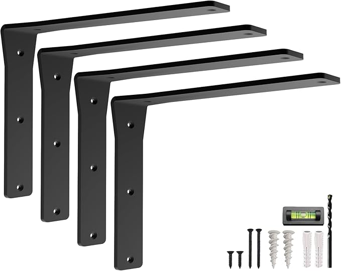 4 Pack Heavy Duty Shelf Brackets 12 Inch by Balin Designs – Decorative L Bracket for Shelves, Metal Shelf Support Bracket, Wall Mounted Countertop Iron Corbels, Floating Black Shelving Brackets
