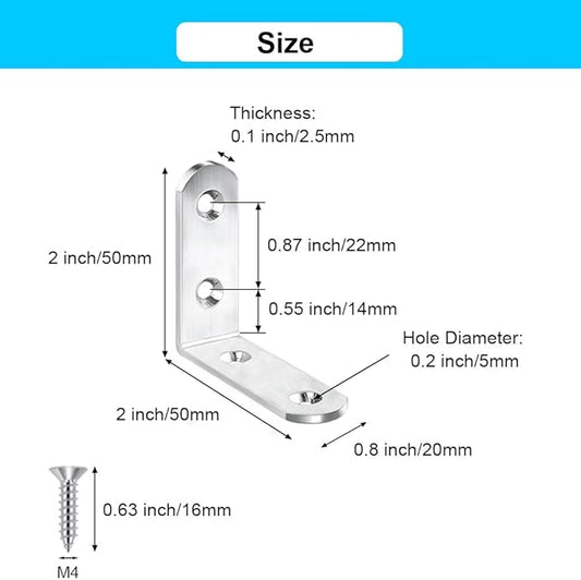 20 Pack L Bracket Corner Braces 2 Inch Stainless Steel Heavy Duty Shelf Bracket for Wood Shelves, Wall Hanging Support 90 Degree Joint Right Angle Brackets with Screws