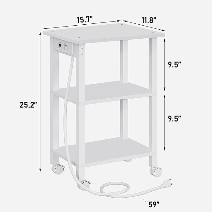 TUTOTAK 3 Tier Printer Stand, Rolling Printer Cart with Power Outlets and USB Ports, Mobile Printer Table with Wheels, for Under Desk, Office, Home, White PS02BW001