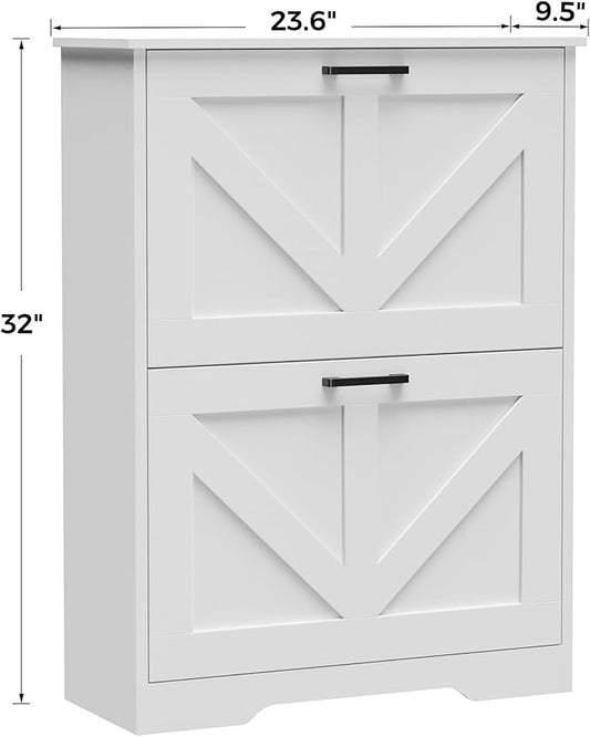 Farmhouse Shoe Cabinet for Entryway with Barn-Style Flip Drawers, Narrow Shoe Storage Organizer with Top Display Shelf, Adjustable Shelves, Shoe Rack for Hallway, Closet- (White, 24")