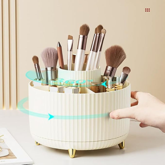 360 Degree Rotating Makeup Brush Holder Organizer Detachable Design 5 Slot Make up Brushes Cup for Cosmetics and Pencil Pen Organizer for Desk Makeup Organizer Skincare Storage for Vanity(Cream)