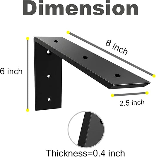 WINKER Countertop Support Bracket 4 Pack Heavy Duty 3/8" Thick Hidden L Shelf Bracket 8" x 6" x 2.5" Metal Corbels for Quartz/Granite/Wood/Concrete/Laminate Countertops, Black