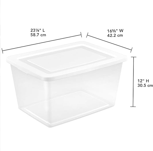 Sterilite 12 Pack Storage Boxes, Clear Plastic Stackable Containers, Lightweight Home Organizers with Snap Lids, 58 Quart, White