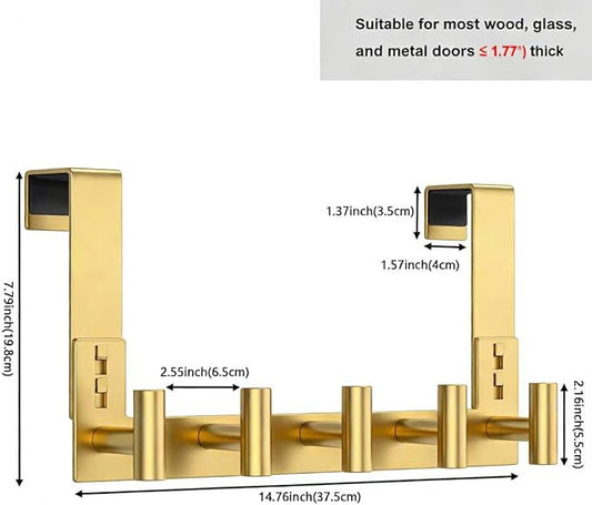 PMMASTO Over The Door Hooks, Fits 1-3/4" Thick Door No Drill Hooks for Closet Bathroom Bedroom Organization, Hanger for Coat Towel Robe (Gold, 5 T-Hooks)