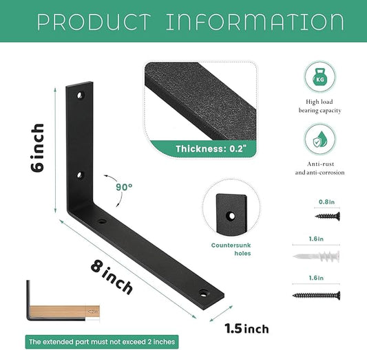 Shelf Brackets 8 Inch Wall L Brackets 8PCS Heavy Duty for Shelves Metal Black Rustic Industrial Brackets for DIY Opening Shelves Project Hardware Included