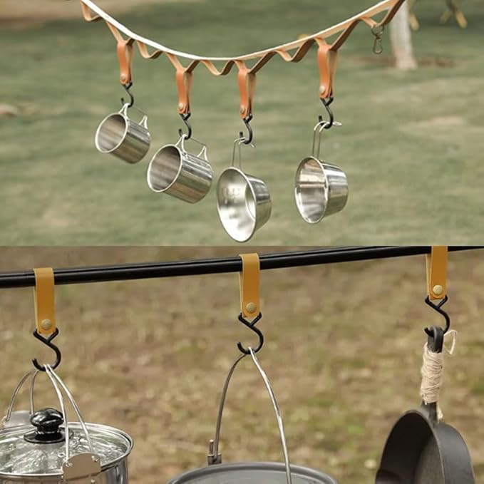 Leather Straps with Hooks 5Pcs Leather Hooks S Shelf Hooks Camping Hook for Kitchen, Bathroom, Bedroom, Office, and Outdoor Use - Stylish and Durable Storage Solution (orange brown)