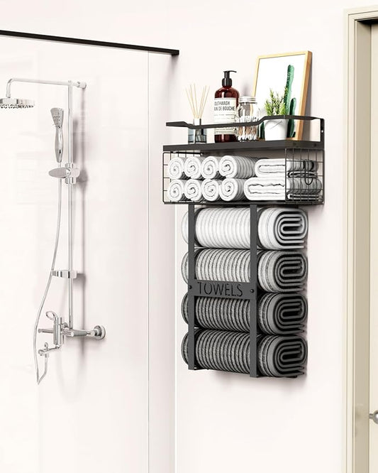 Wall Mounted Towel Rack for Bathroom - Bath Storage Holder Set Above Toilet, Rolled Towel Shelf Organizer, Wood Vertical Rack for Small Bathroom Decor, Black