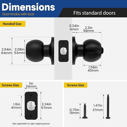 4 Pack Keyed Entry Door Knob with Lock and Key, Exterior and Interior Door Knob for Bedroom or Bathroom, Matte Black, Not Keyed Alike