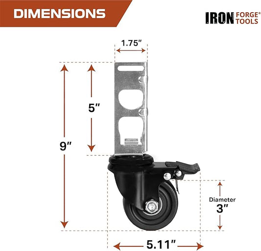 Iron Forge Tools Rolling Storage Rack Caster Wheels Heavy Duty - Set of 4 Locking Caster 3 Inch 1360 lb. Capacity for Boltless Self Locking Shelving Racks, Nylon and Steel Ball Bearing Wheels