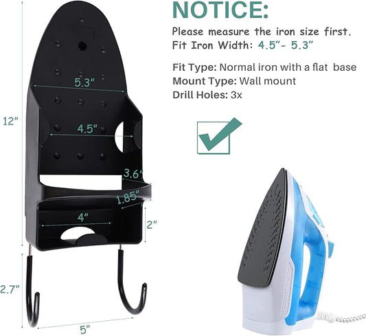 Ironing Board Hanger Wall Mount, Iron Hanger with Ironing Board Rack, Heat Resistant Iron Holder Wall Mount for Max 5 Inch Width (Black)