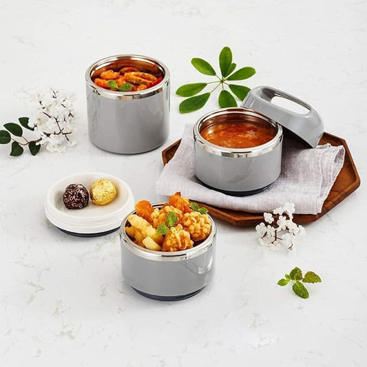 Lille Home Stackable Stainless Steel Thermal Compartment Lunch/Snack Box, 3-Tier Insulated Bento/Food Container with Lunch Bag, Utensils Set and Three Extra Seals, 43OZ (Gray)