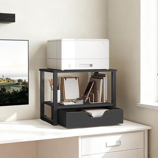 Desktop Printer Stand, 2-Tier Printer Table with Non-Woven Drawer, Multi-Purpose Desk Organizer for Home Office, Under Desk Open Organizer Shelf, Black PS01BB