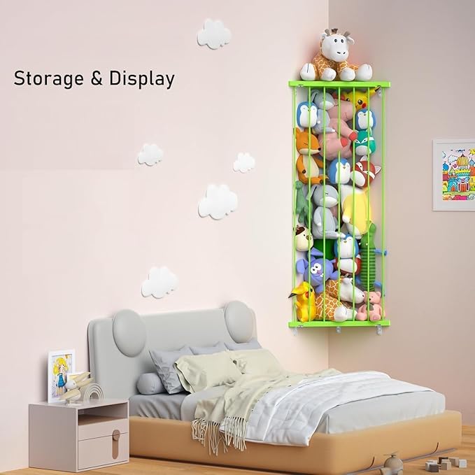 Stuffed Animal Storage Corner - Large Stuffed Animal Holder with Length Adjustable - Plush Storage Hanging Stuffed Animal Net for Wall(Green)