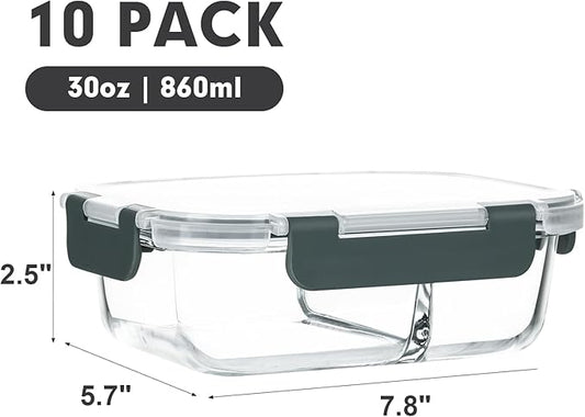M MCIRCO 10-Pack,30 Oz Glass Meal Prep Containers 2 Compartments Airtight Lunch Bento Boxes with Lids, Glass Food Storage Containers, Microwave, Oven, Freezer and Dishwasher