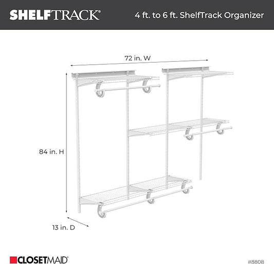 ClosetMaid ShelfTrack Wire Closet Organizer System, Adjustable from 4 to 6 Ft., with Shelves, Clothes Rods, Hardware, Durable Steel, White