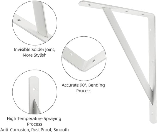 HOME MASTER HARDWARE 12 x 8 inch Heavy Duty Shelf Brackets, Load Capacity: 600lb, 10-Pack White Metal L Supports for Wall Mounted Wood Shelving, Shelves Bracket with Screws