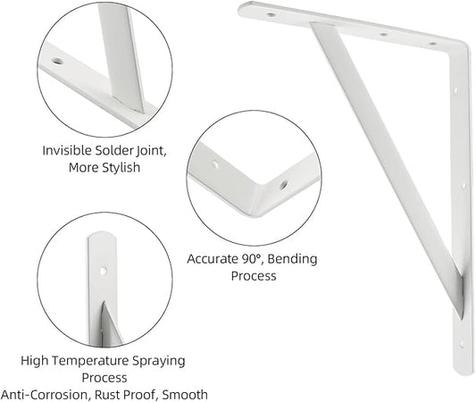 12 x 8 inch Heavy Duty Shelf Brackets, Load Capacity: 600 lb, 2-Pack White Metal L Supports for Wall Mounted Wood Shelving, Shelves Bracket with Screws, HOME MASTER HARDWARE