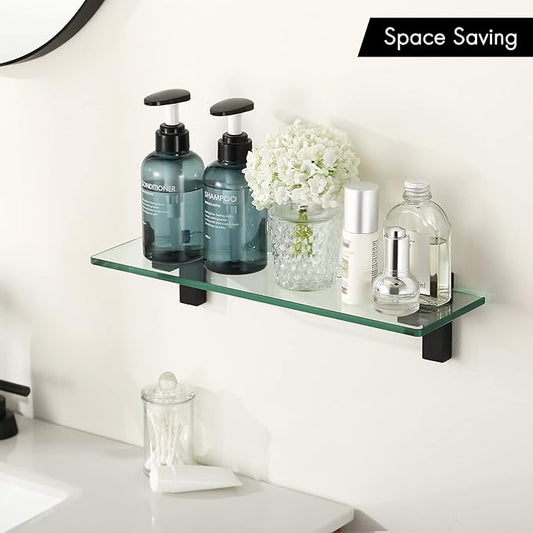 KES 16 Inch Glass Shelf for Bathroom Wall Mounted, 8mm Tempered Glass Wall Shelf Matte Black, BGS3201S40-BK