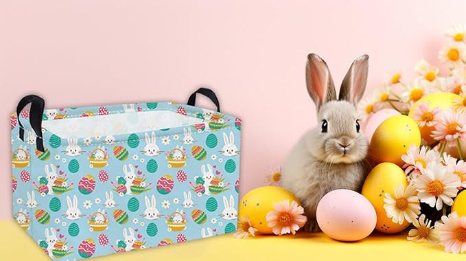 Essme Rectangular Easter Baskets,Pink Easter Storage Basket with Handles for Boys Room Decor, Girls Box,Cute Storage Bin(Blue eggs)