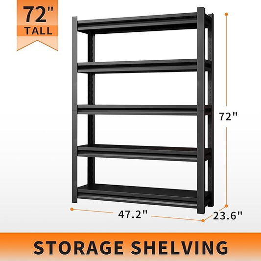 72"H Garage Shelving Units 5-Tier Adjustable Storage Shelves 2500LBS Heavy Duty Metal Shelves Utility Industrial Shelving Rack for Garage Warehouse Pantry Basement,Black (23.6"D×47.2"W×72"H)