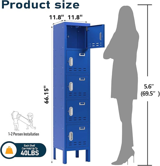Metal Storage Locker with Lock & Card Slot Locker - Secure Lockable Door - Steel Locker for School, Office, Gym, Home - 66.15" H x 11.8" W x 11.8" D(5 Door, Blue)