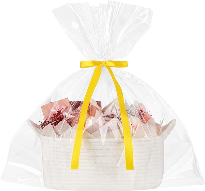 Basket for Gifts Empty, Woven Storage Basket with Gift Bag, Ribbon and Wrap Tissue Paper, Small Rope Toy Storage with Handles for Baby Shower, Dog Toy Organizer, 13.6" x 10" x 5.9”