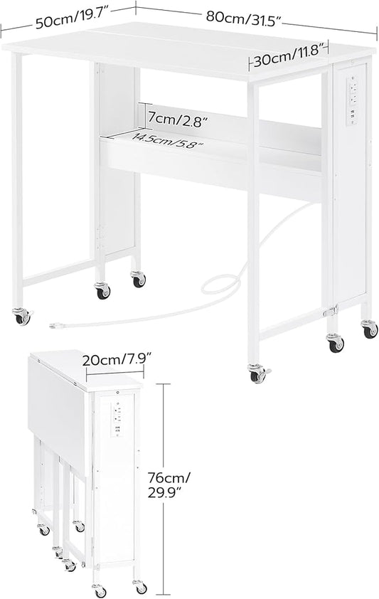 31.5" Modern White Folding Computer Desk with Power Outlets, Wheels, Storage, Perfect for Small Spaces White TDN01UWB
