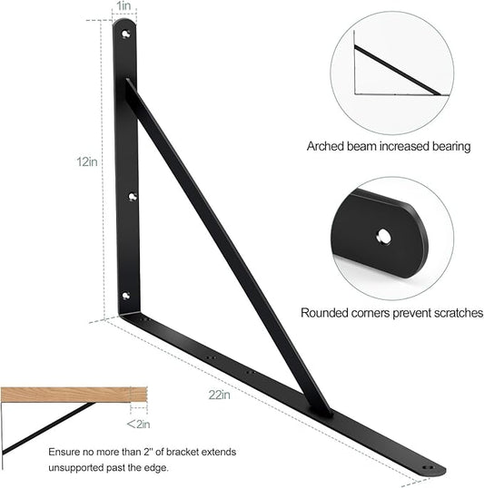 16 Pack L22 x H 12" Black Heavy Duty Shelf Brackets with Screws Metal Shelf Brackets Shelf Support Angle Brackets for Shelves L Brackets Heavy Duty Floating Shelf