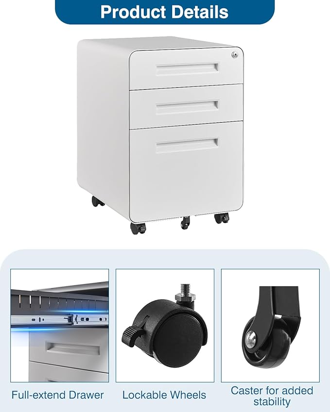 3 Drawer File Cabinet with Lock, Metal Under Desk Rolling Filing Cabinet fits Letter/Legal/A4 Size for Home Office,(Fully Assembled, White)