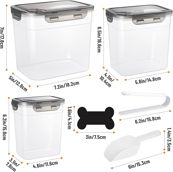 ZooZoo 3PCS Transparent Dog Treat Container Set with Airtight Lids, BPA-Free Plastic Storage Bins for Pet Food & Treats, Stackable Large Medium Small Sizes, Includes Scoops, Labels, Tongs and Marker