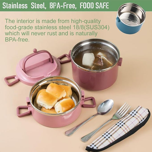 SANQIAHOME 2 Tier Stackable Stainless Steel Lunch Box Sealed(pink, 2 layers) with spoon and fork