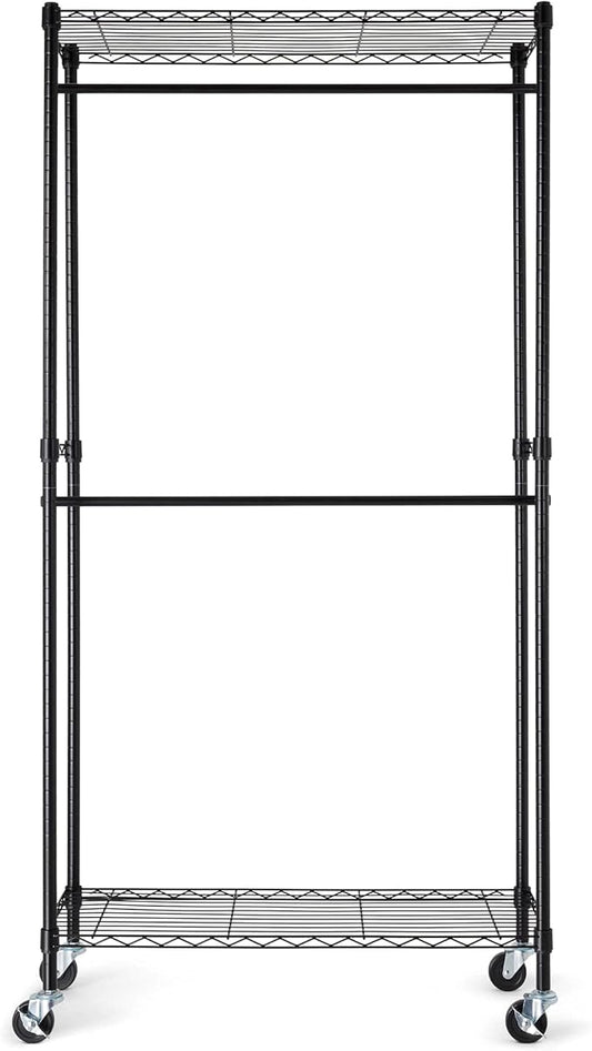 Amazon Basics Adjustable Double Rod Rolling Garment Rack, Hanging Clothes Closet Organizer with Wheels, Heavy Duty, 36" x 14" x 72", Black