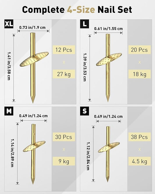 Uniclife 100 Pcs Picture Hangers, Picture Hanging Kit, 4 Size Picture Hanging Hooks, Picture Hanging Nails, Long Picture Hooks for Photo Frame Art Mirror and Décor, Gold