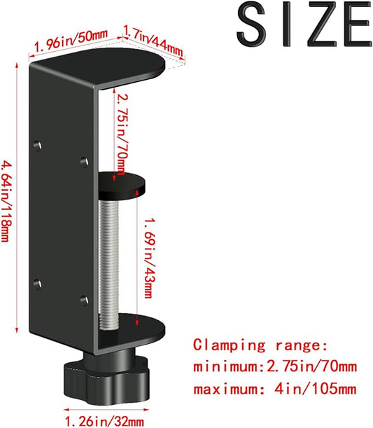 2-Pack 1 Inch Heavy Duty Black C-Clamps for Desk & Table, 2.75-4 Inch Clamping Range, 2 Mounting Holes, Metal Workbench Clamps (4-IN)