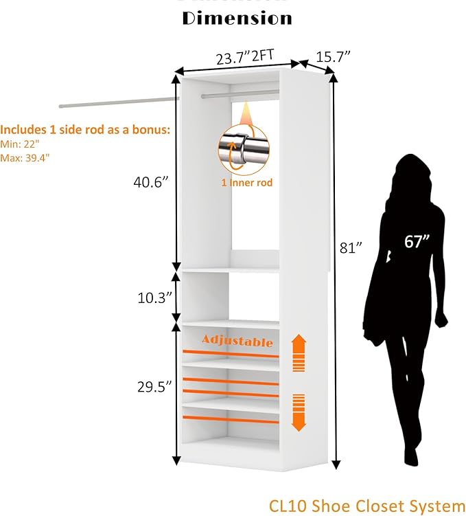 Closet System with Shelves, 2FT Wood Closet Organizer System Walk-in Closet Storage Shelf with Hanging Rods Freestanding White (2FT)
