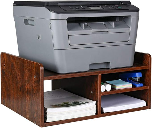 PAG Desktop Printer Stand with Storage, Paper Storage Holder Rack for Desk, Wooden Printer Organization for Home/Office, Retro Brown