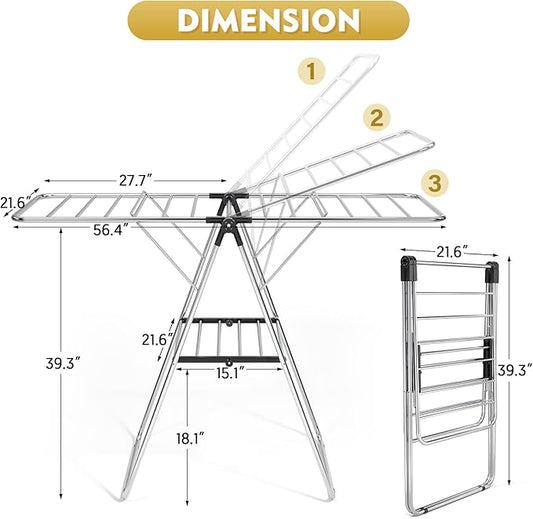 APEXCHASER Clothes Drying Rack, Drying Rack Clothing with Height-Adjustable, Foldable Gullwings Laundry Rack, Indoor Outdoor Use, No Assembly,Black