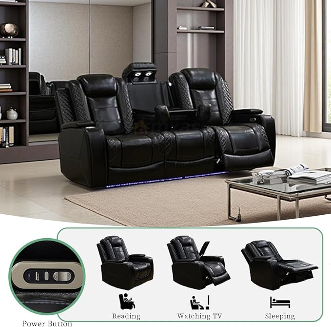 Reclining Power Sofa Set, Living Room Furniture Sets, Black Power Reclining Living Room Sofa Couch Set Breathing Leather Sofa with Cup Holder/LED Light/USB Port for Office, RV Car, Office