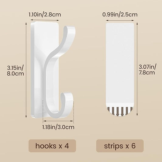 pickpiff Wall Hooks with Adhesive Strip - Easy to Remove, No Residue, Strong Heavy Duty Sticky Towel Hook, 4 Pack White