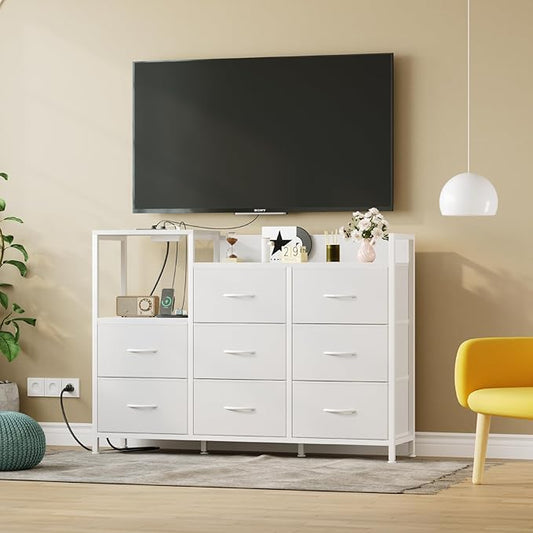 DUMOS TV Stand Dresser with 8 Fabric Drawers & Open Shelves, TV Stand for Up to 45 inch TV with Wooden Top, Entertainment Center with Charging Station for Living Room, Hallway, White