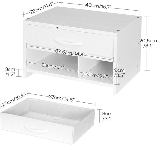 HOOBRO Desktop Printer Stand, Printer Stand Shelf Organizer with Drawer, Wooden Under Desk Printer Table, Storage Shelf, for Home Office White WT08PS01