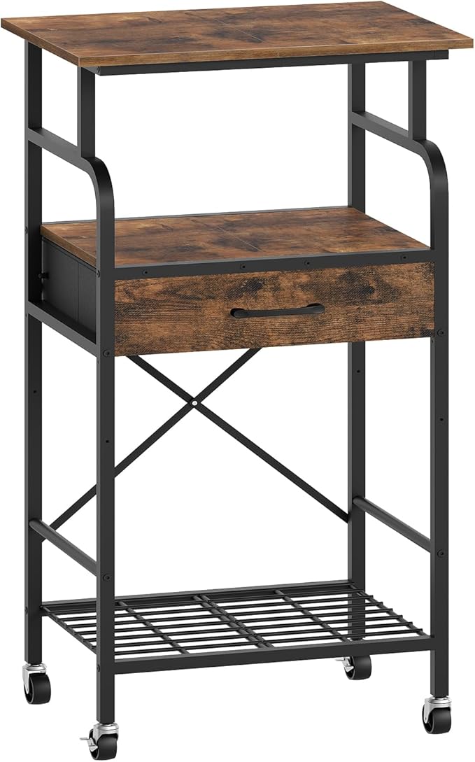 Tall Printer Stand, 3 Tier Printer Cart with Storage, Industrial Printer Table on Wheels, Adjustable Shelf & Fabric Drawer, for Home Office Study Rustic Brown PTHR5401