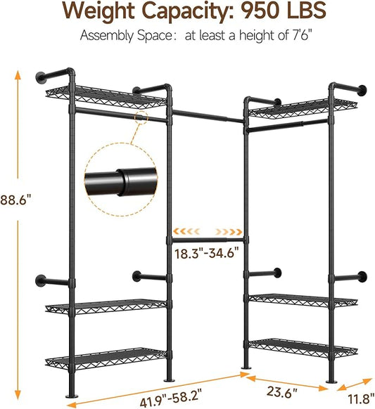 L3 Industrial Pipe Closet Organizer System, Wall Mounted Clothes Rack Clothing Racks with 4 Telescopic Rods & 6 Shelves , Heavy Duty Closet System in Wardrobe Closet (Black)