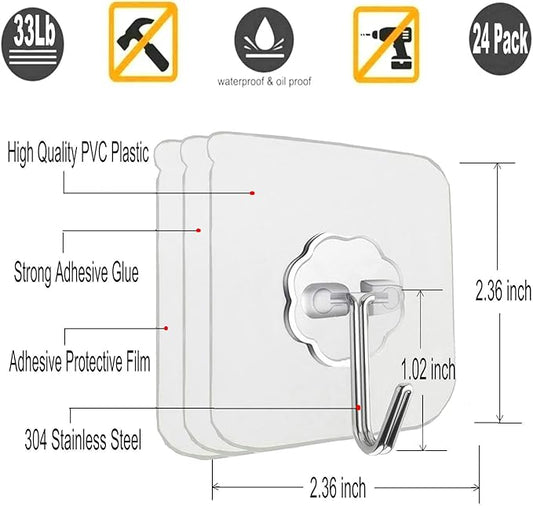 12 Pack Heavy Duty Self Adhesive Hooks - 33lb Max, Transparent, Waterproof, Sticky Wall Hooks for Keys, Bathroom, Shower, Outdoor, Kitchen, Door, Home Improvement, Utility
